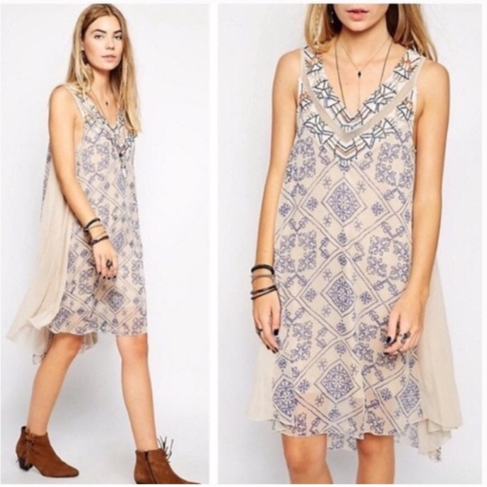 Free People Ancient Mystery cream blue sheer overlay beaded sleeveless dress‎